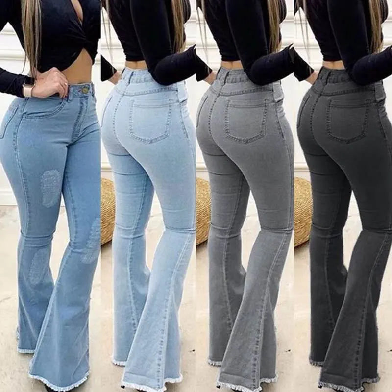 BARBARA - Dames High Waist Slim Fit Denim Flared Pants