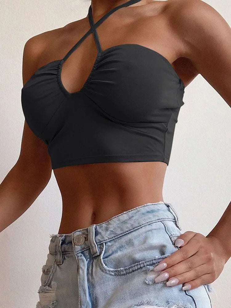 Marit - Dames Achterloos Mouwloos Halter Crop Top met Geplooid Detail en Vetersluiting