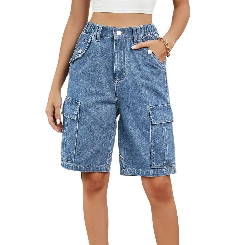 Sanne - Elastische denim cargoshort voor dames met middentaille