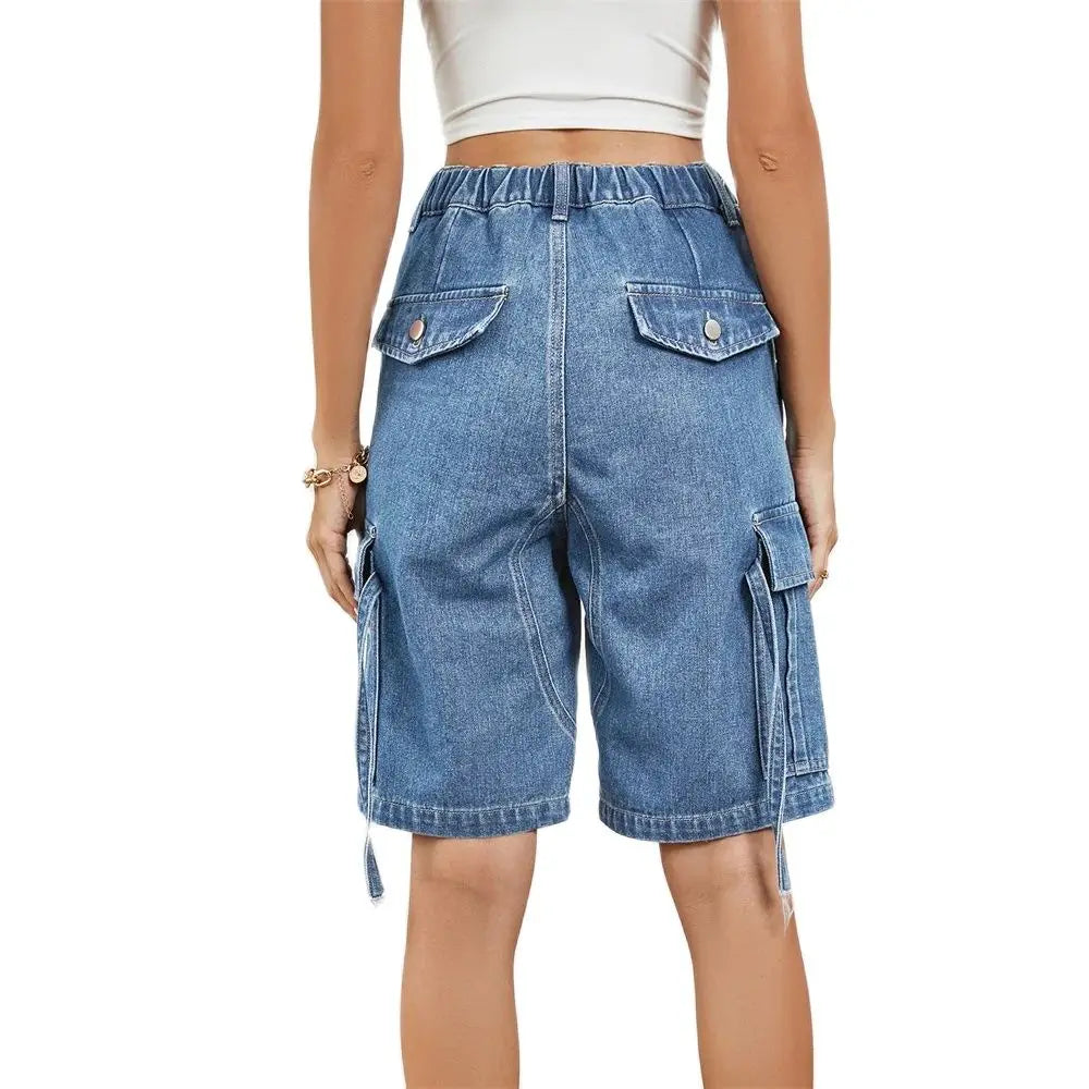 Sanne - Elastische denim cargoshort voor dames met middentaille