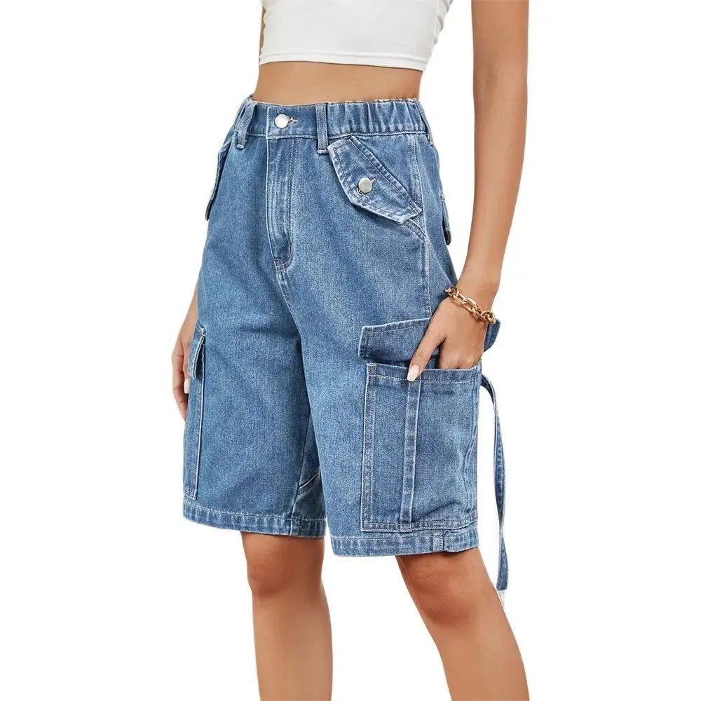 Sanne - Elastische denim cargoshort voor dames met middentaille