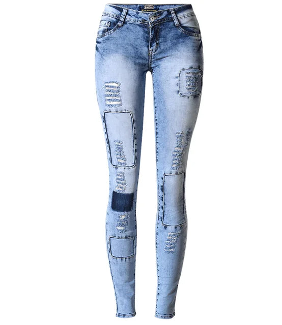 PETRA - Dames Patchwork Pencil Skinny Tights Jeans: Hoge Stretch, Lage Taille