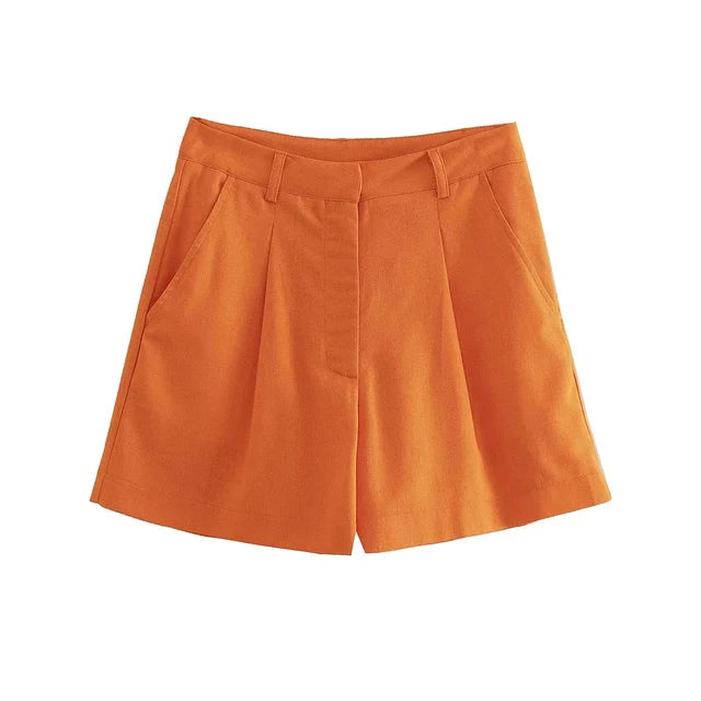 JOHANNA - Dames Hoge Taille Linnenmix Shorts met Voorkant Plooien en Zakken