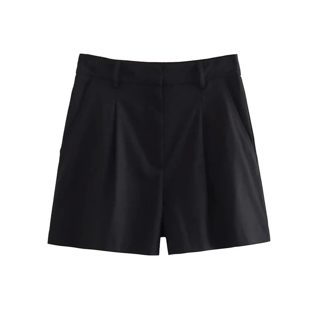 JOHANNA - Dames Hoge Taille Linnenmix Shorts met Voorkant Plooien en Zakken